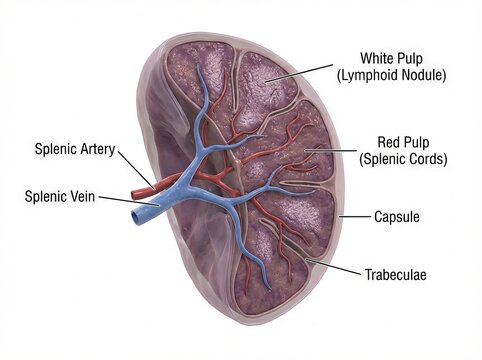 Detailed Human Spleen Anatomy Illustration revealing Internal Cross-section and labeled Organ structures, a clear Medical Diagram perfect for Healthcare education.