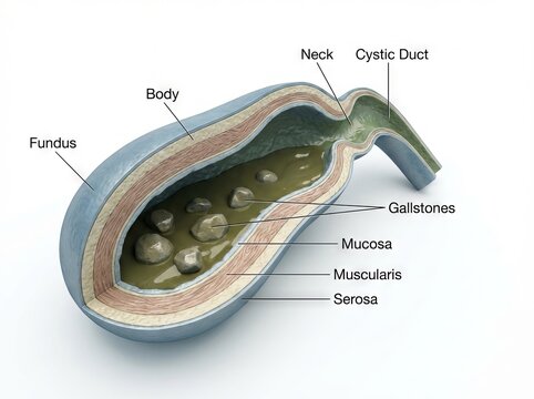 Detailed 3D rendering medical illustration of human gallbladder anatomy in cross-section, clearly showing gallstones and digestive system disease for educational purposes.