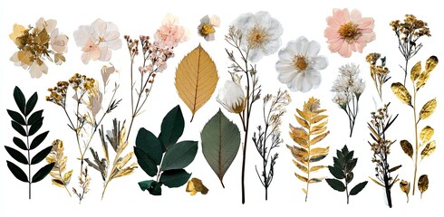 Assorted dried botanical elements flowers, leaves, and sprigs arranged on a white backdrop