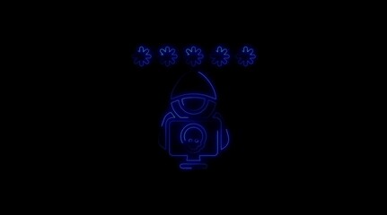 Blue neon hacker figure with skull on monitor and five star rating image