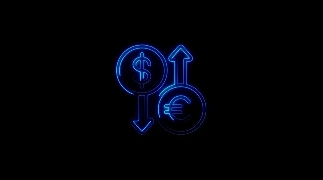 Blue neon dollar and euro currency exchange arrows on black background image