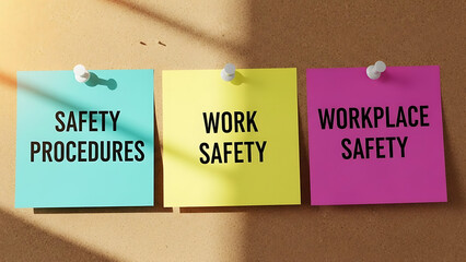 Three colorful sticky notes with safety and workplace safety messages