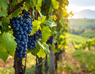 Close-up of ripe grapes on a vine with a blurred vineyard backdrop