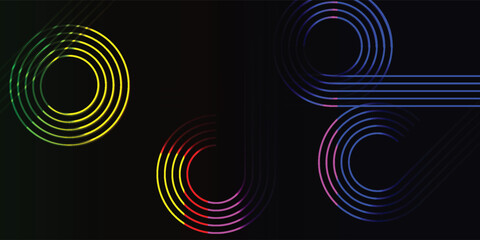 Abstract digital art with colorful concentric circles and curved lines on a dark background, showcasing geometric patterns and vibrant gradients.