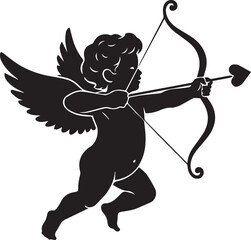 Fototapeta premium Silhouette of cupid with bow and arrow aiming forward