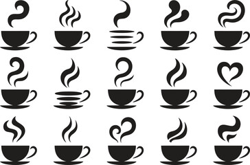 Coffee Cup and Beverage Silhouette Icon Set with Hot Drink and Cafe Symbols