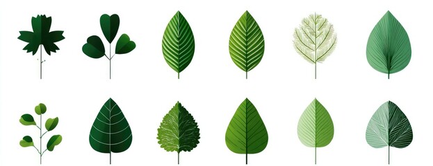 Obraz premium Assorted vector illustrations of various green leaves in different shapes and styles