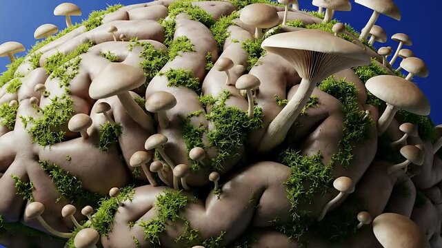 Organic Brain Growth Concept Realistic Human Brain Covered in Lush Green Moss and Various Sized Mushrooms Against a Clear Deep Blue Sky Backdrop Symbolic of Mental Health and Nature Integration