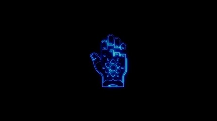 Blue neon outline of a hand with a floral design on the palm glowing on black image