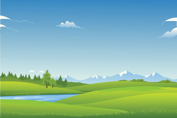Fototapeta premium a vibrant landscape featuring rolling green hills a river and snow capped