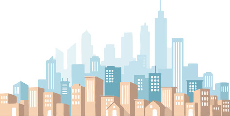Fototapeta premium Urban Panorama: A contemporary city skyline showcasing a blend of architecture in pastel hues. It depicts the modern metropolitan scene, highlighting various building designs and the urban landscape.