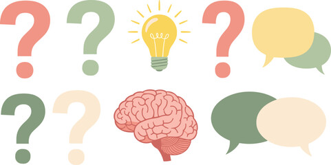 Brainstorming ideas with question marks and speech bubbles
