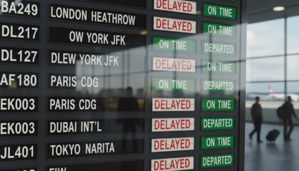 Fototapeta premium Airport Departure Board Displaying Multiple Flight Delays Indoors