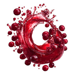 Front view of an organic wave-shaped cranberry juice splash isolated on a white transparent background