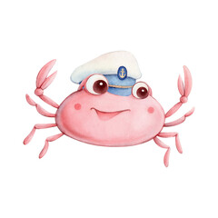 Cute pink crab watercolor illustration isolated on white background. Cartoon marine character in pastel colors for decorating baby rooms, kids clothes, and children's parties in a nautical style.