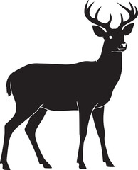 Black deer silhouette, antlers, standing pose, wildlife icon, forest animal, nature symbol, vector art, minimal design, white background, graphic illustration