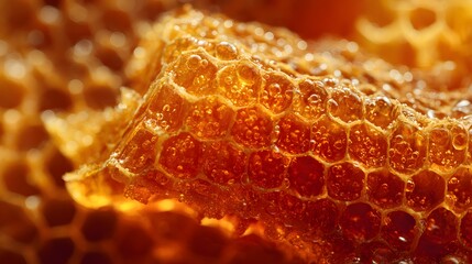 Macro Shot of Golden Honeycomb Cells Filled with Sweet Liquid Honey.
