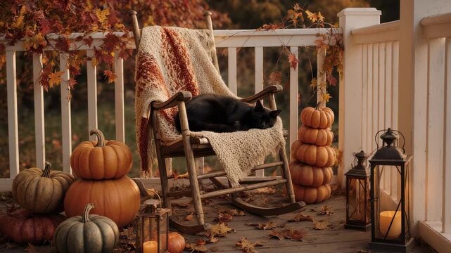 A black cat sleeps peacefully on a rocking chair surrounded by pumpkins and lanterns on a porch.
