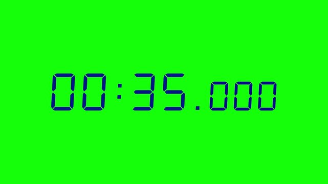 7 digits navy blue digital countdown timer starting at 00:40:00 (40 seconds) on green screen, featuring crisp seven-segment numerals with minutes, seconds, and milliseconds displayed prominently.