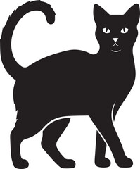 Black cat silhouette, standing feline, curled tail, pointed ears, alert posture, stylized animal, vector icon, minimal design, white background, graphic art