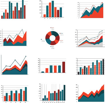 Financial Charts and Visuals: An assortment of dynamic financial charts, graphs, and diagrams for business, statistical analysis, financial data presentation, investment reports.