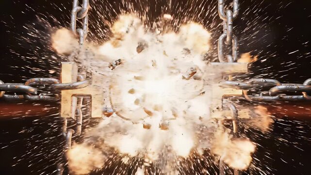 Metal chains with Hope and D.D. insignia explode amidst 4K UHD sparks, symbolizing resilience, perseverance, and technological progress, perfect for backgrounds in cooking shows, advertisements.