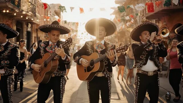 Three mariachi musicians play guitars and trumpet in a vibrant Mexican street festival procession