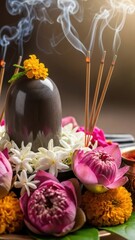 Shiva lingam with flowers and incense sticks, a symbol of hindu worship and spirituality.