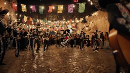 Skeletons in mariachi costumes play music on a Mexican street at night with colorful flags.
