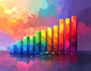Colorful painted bars growing in size, against a vibrant multi-hued background