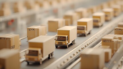 Miniature Delivery Trucks and Boxes on a Conveyor Belt.