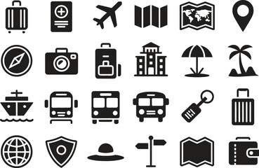 Travel and Tourism Silhouette Icon Set with Transportation, Navigation, Luggage and Destination Symbols