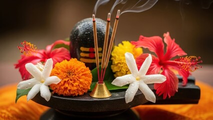 Shiva lingam with flowers and incense sticks, symbolizing worship and spirituality.