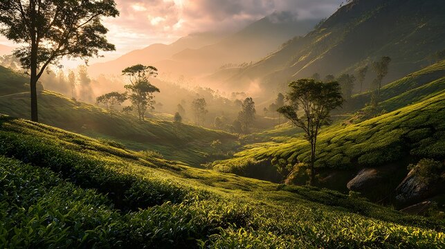 Misty Morning Sunrise Over Lush Green Tea Plantations in Munnar Kerala.