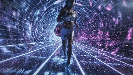 Futuristic Runner - Woman Sprinting Through Digital Grid Tunnel. - Powered by Adobe