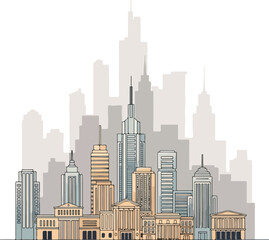 Fototapeta premium Urban Silhouette: A captivating illustration of a sprawling metropolis, where skyscrapers pierce the sky, symbolizing progress and innovation. 