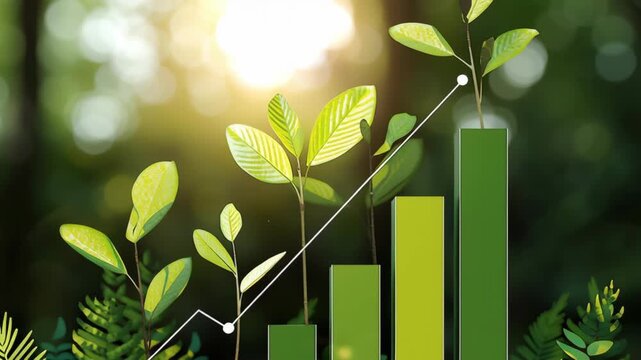 Layered green bar chart for eco-investment concept. Rising bars with leaves symbolize growth and sustainability in a natural setting.