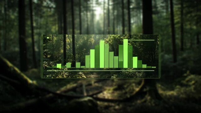 Layered green bar chart for eco-investment concept. It showcases data trends in a natural forest setting.