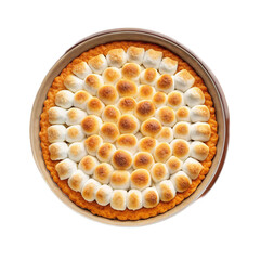 Delicious sweet potato casserole with golden brown marshmallow topping on transparent background, perfect for festive occasions