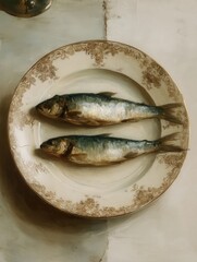 Dos sardinas doradas reposan sobre un plato de porcelana con un delicado borde floral.