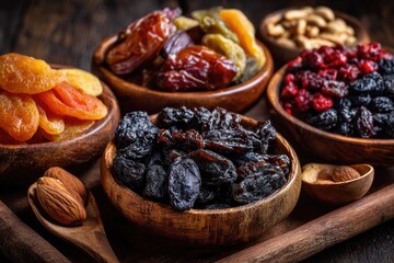 Assortment of dried fruits and nuts in wooden bowls. Close-up of healthy snacks on a wooden surface