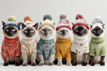 Obraz premium Seis gatos siameses posando con adorables jerséis y gorros de punto.