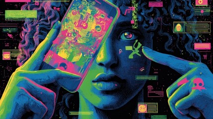 Un retrato vibrante que explora la relación entre la persona y la tecnología.