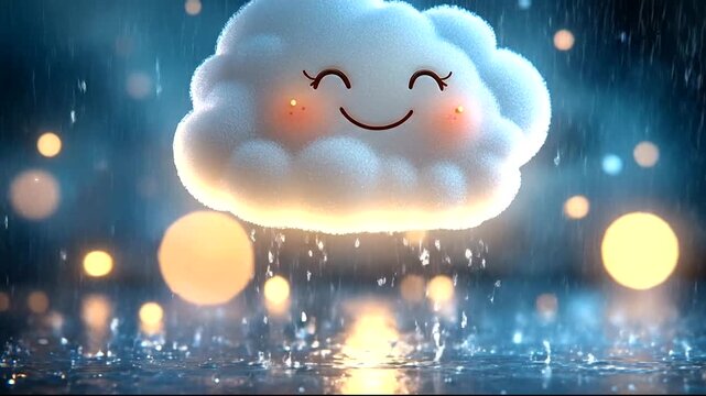 Cute smiling cloud with raindrops in a dreamy setting