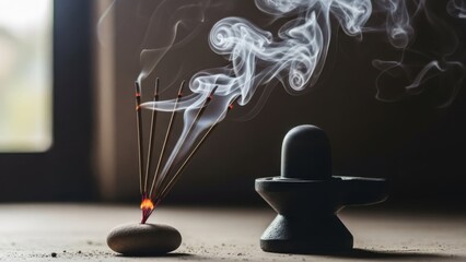 Incense sticks burning with smoke and shiva lingam statue on a table, spirituality concept.