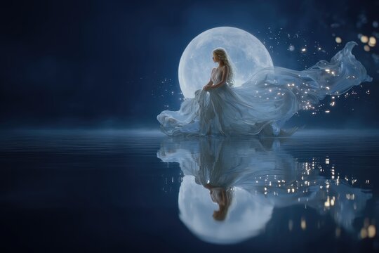 Una joven vestida de blanco danza bajo la luz de la luna llena, creando una escena de ensue&ntilde;o sobre el agua.