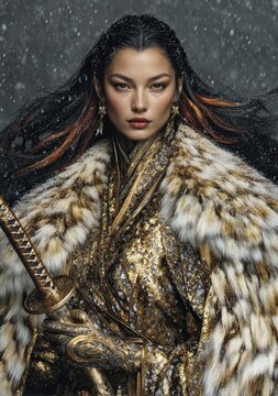 Retrato de una guerrera con armadura dorada y katana, envuelta en una tormenta de nieve.