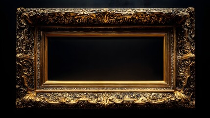 Ornate Antique Gold Picture Frame with Intricate Carvings on Black Background.
