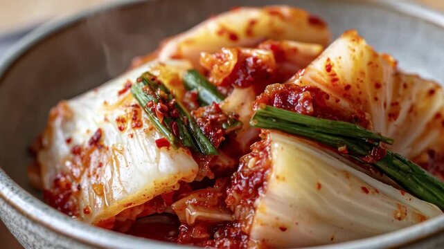 A bowl of spicy kimchi made from cabbage, garnished with green onions. The dish features vibrant red chili paste and a rich texture.