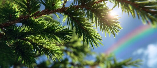 Fototapeta premium Close up of evergreen branch with rainbow and sunlight in a clear sky